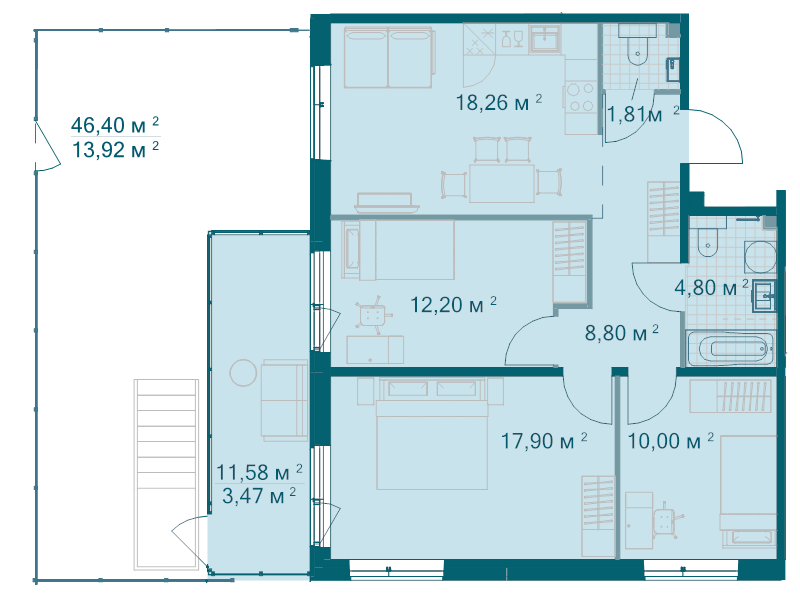 4-комнатная (Евро) квартира, 91.16 м² в ЖК "Grona Lund" - планировка, фото №1