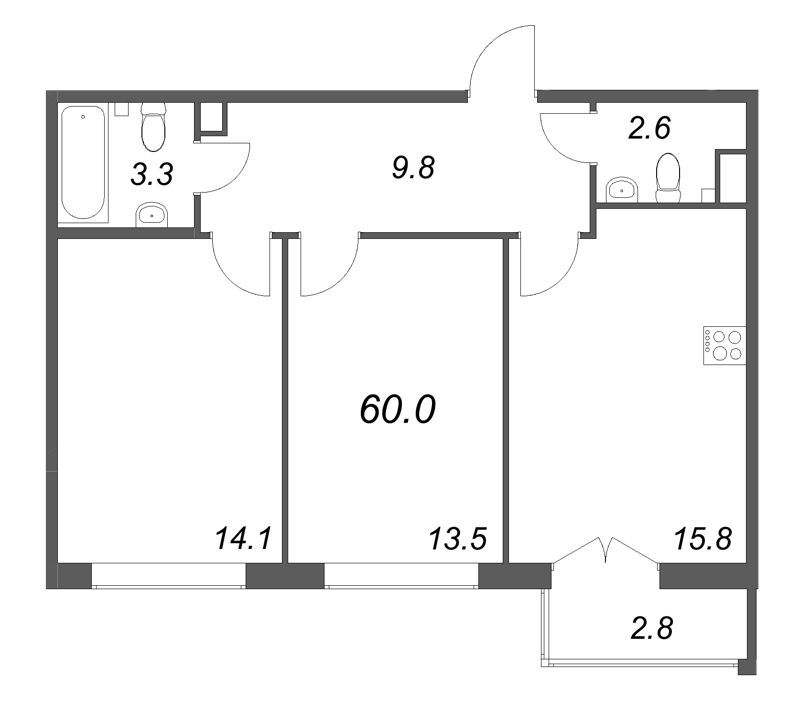 3-комнатная (Евро) квартира, 60 м² в ЖК "Кронунг ЮГ" - планировка, фото №1