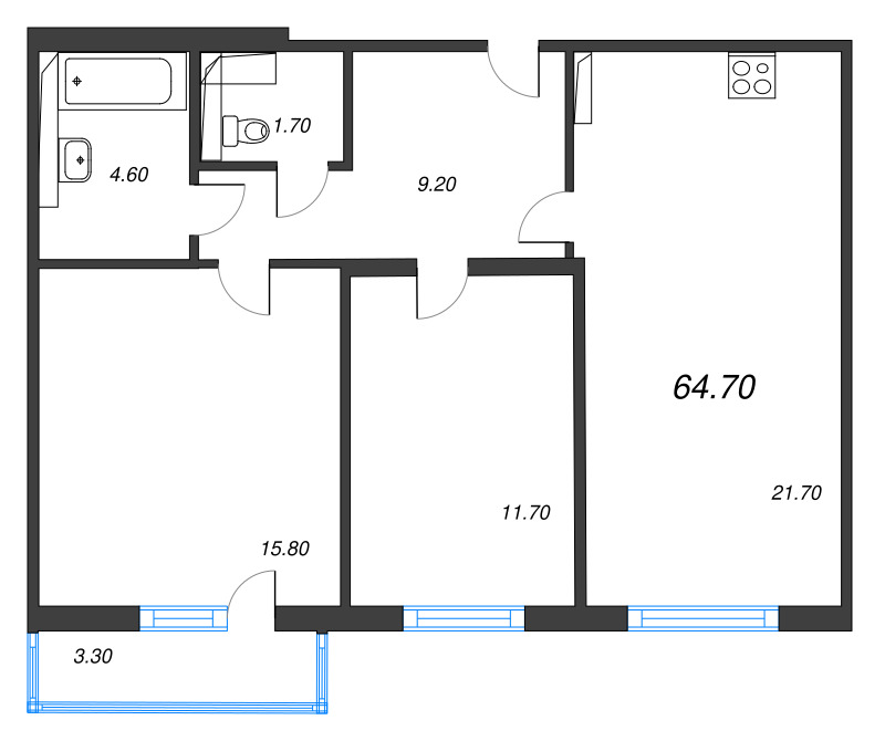 3-комнатная (Евро) квартира, 64.7 м² в ЖК "Руднева 15" - планировка, фото №1