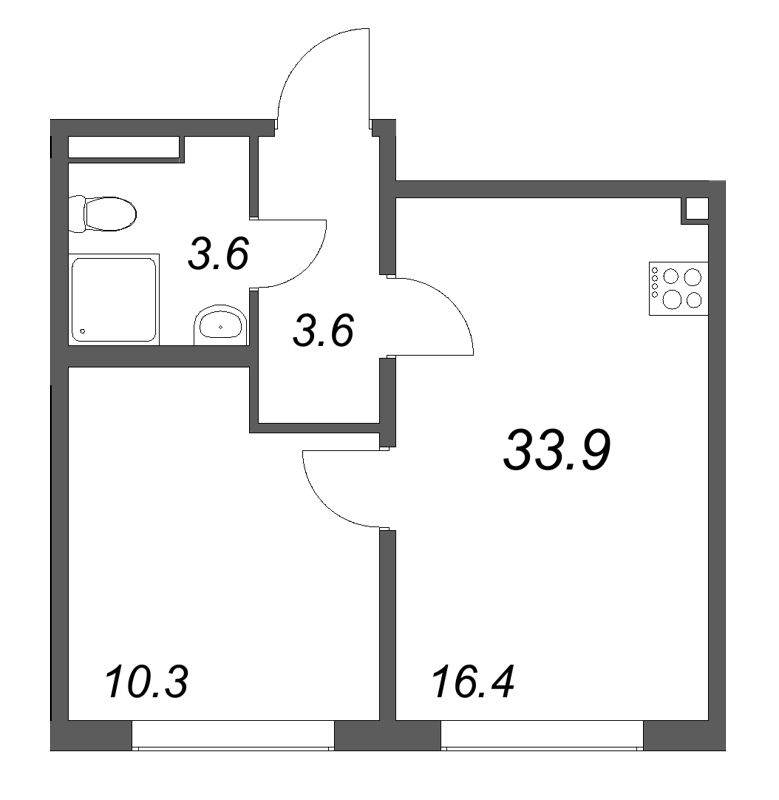 2-комнатная (Евро) квартира, 33.9 м² в ЖК "Пулково Лейк" - планировка, фото №1