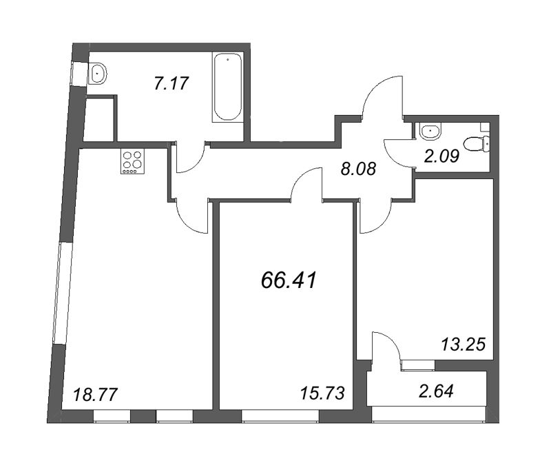 3-комнатная (Евро) квартира, 66.41 м² в ЖК "Морская набережная" - планировка, фото №1