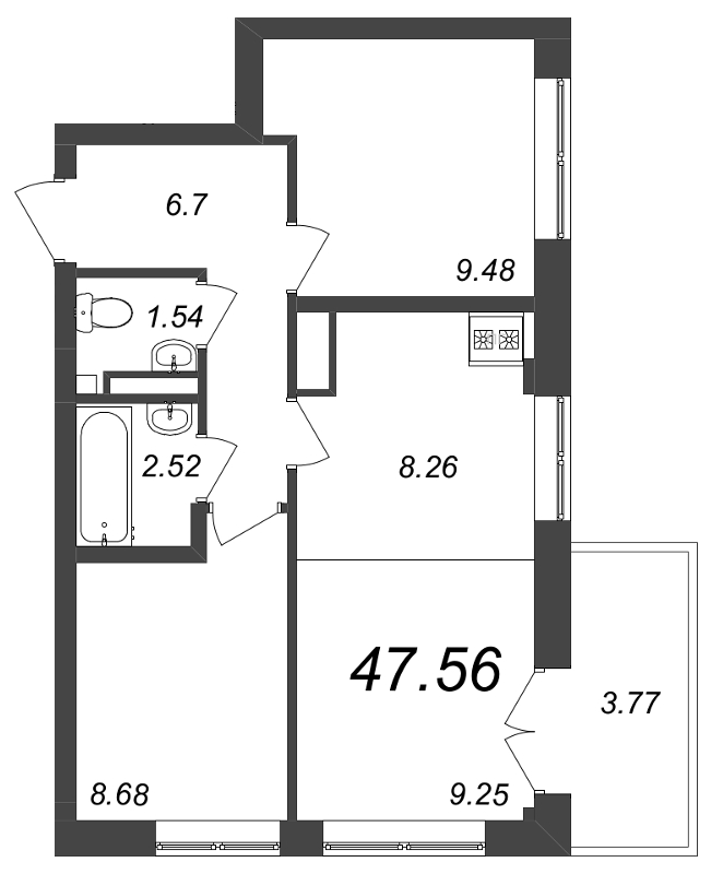 3-комнатная (Евро) квартира, 47.56 м² - планировка, фото №1
