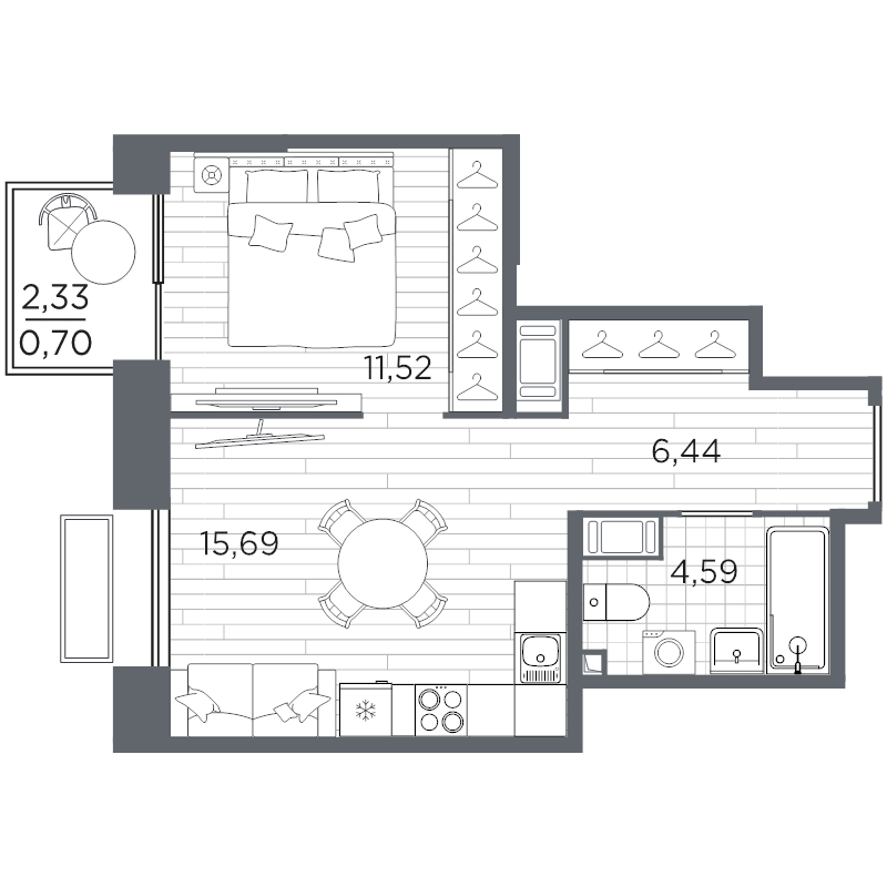 2-комнатная (Евро) квартира, 38.94 м² в ЖК "Respect" - планировка, фото №1