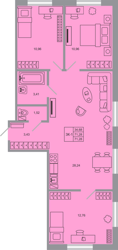 4-комнатная (Евро) квартира, 71.28 м² - планировка, фото №1