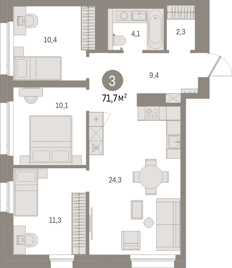4-комнатная (Евро) квартира, 71.7 м² в ЖК "Северный ветер" - планировка, фото №1