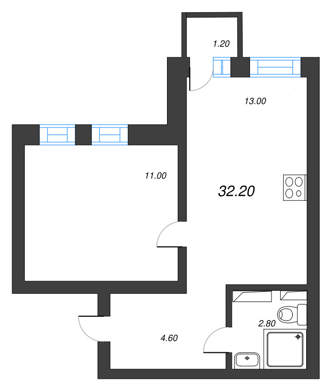 1-комнатная квартира, 31.8 м² - планировка, фото №1