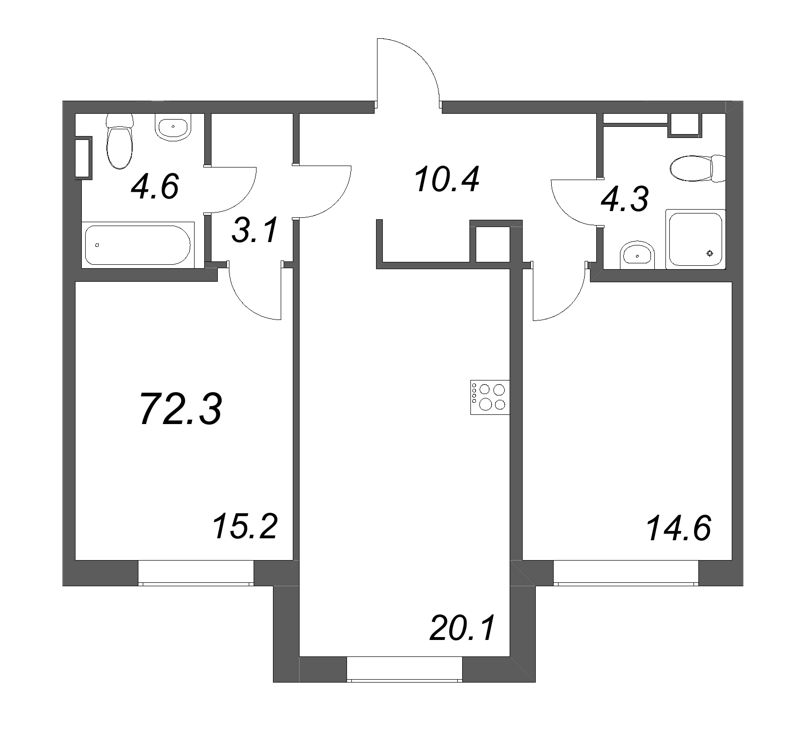 3-комнатная (Евро) квартира, 72.3 м² в ЖК "Визионер" - планировка, фото №1