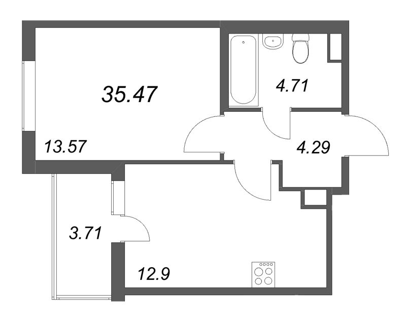 1-комнатная квартира, 35.47 м² - планировка, фото №1