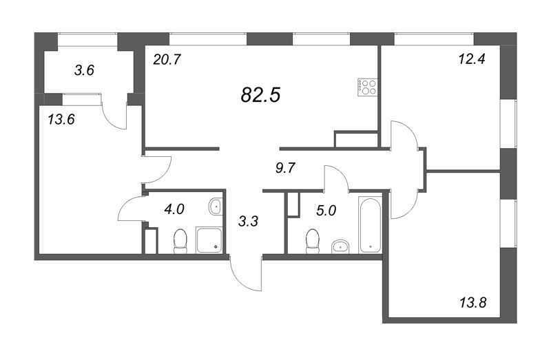 4-комнатная (Евро) квартира, 82.5 м² в ЖК "Куинджи" - планировка, фото №1