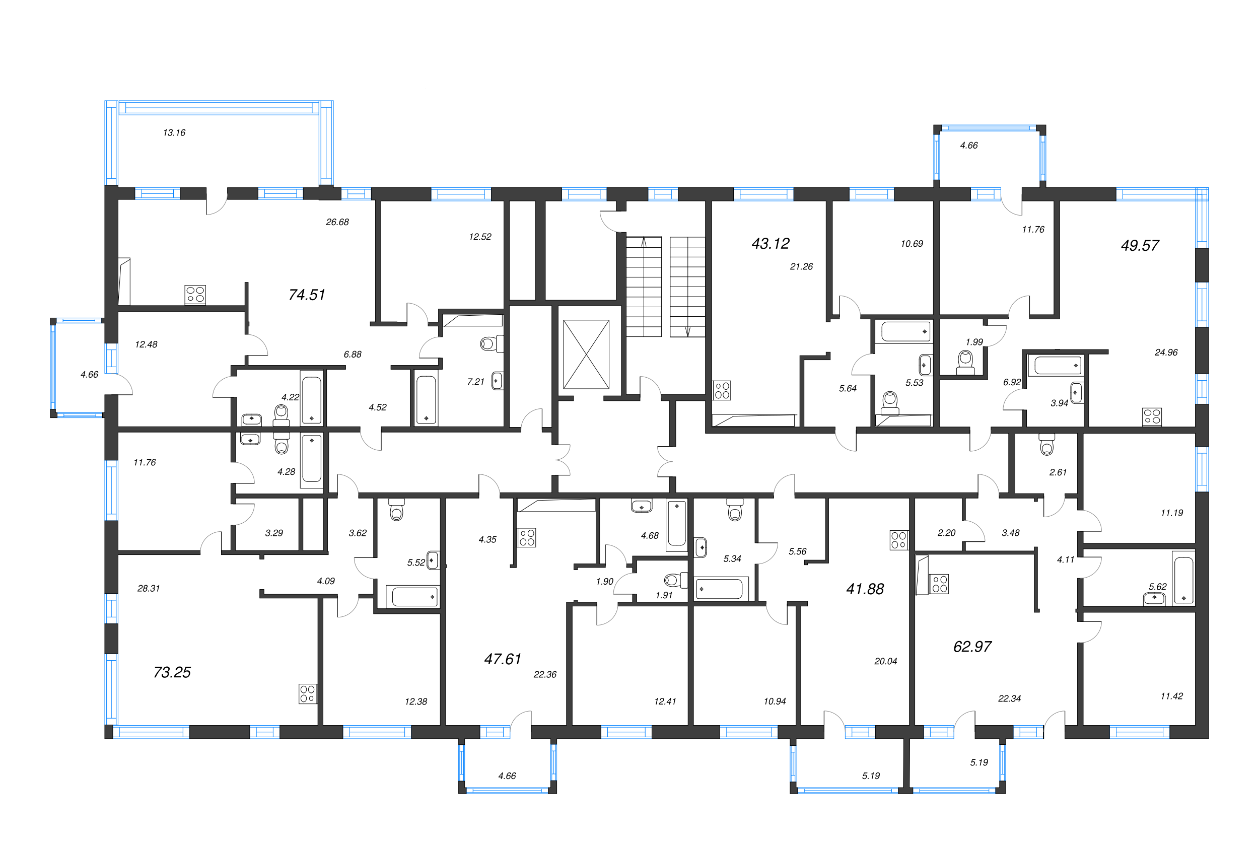 2-комнатная (Евро) квартира, 43.12 м² - планировка этажа