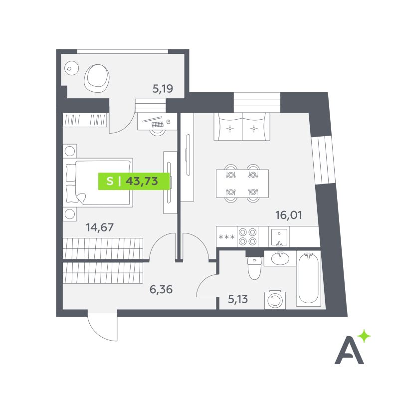 2-комнатная (Евро) квартира, 43.73 м² в ЖК "Аквилон РекаПарк" - планировка, фото №1