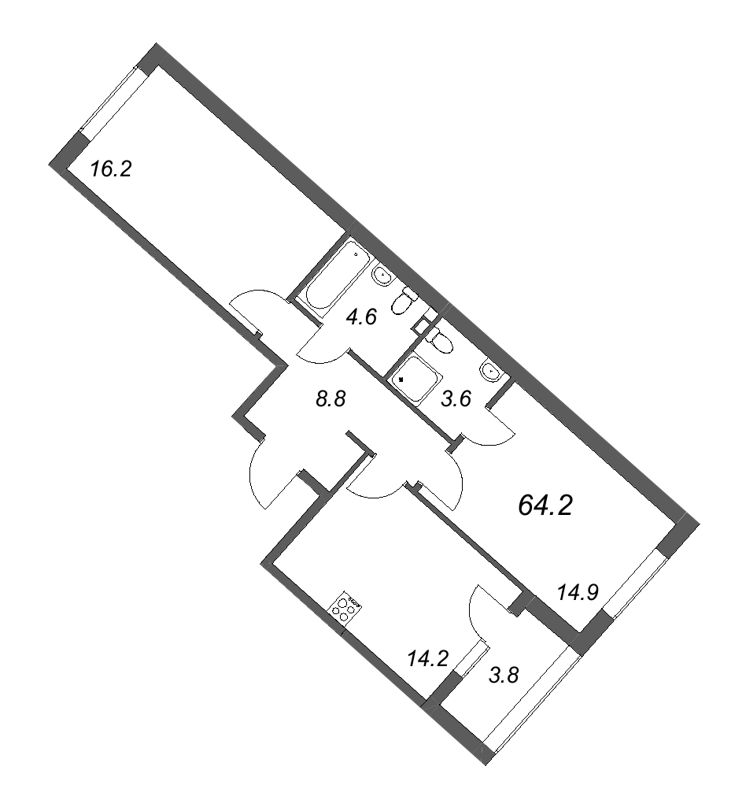 2-комнатная квартира, 64.2 м² - планировка, фото №1