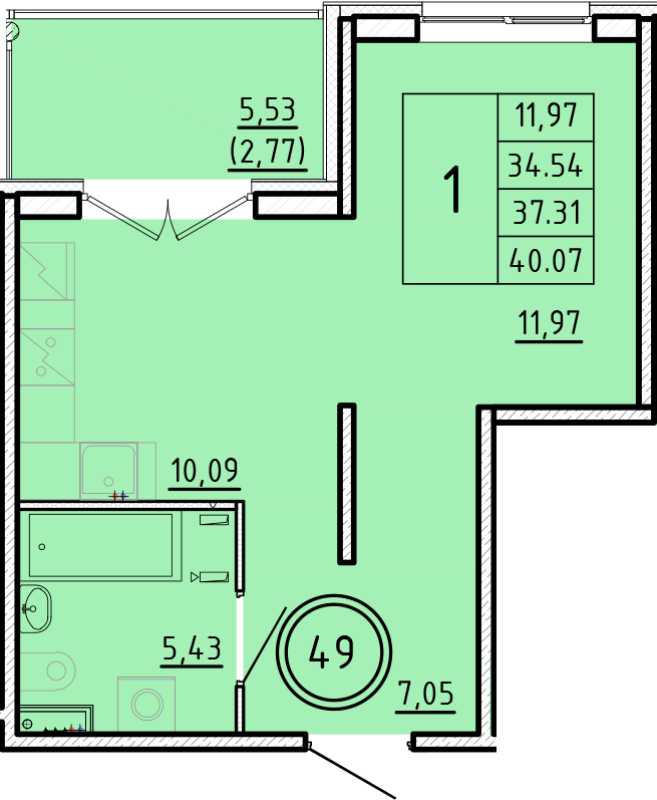 1-комнатная квартира, 34.54 м² в ЖК "Образцовый квартал 16" - планировка, фото №1