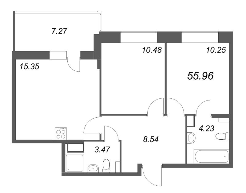 3-комнатная (Евро) квартира, 55.96 м² в ЖК "Аквилон RekaPark" - планировка, фото №1