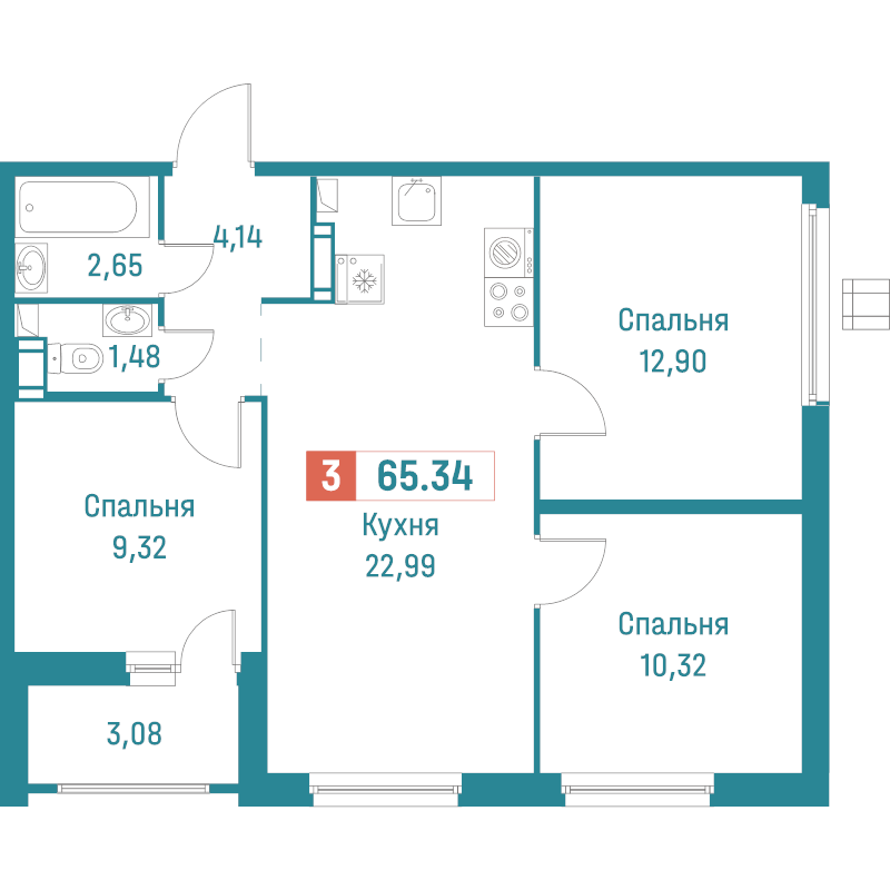 4-комнатная (Евро) квартира, 65.34 м² - планировка, фото №1
