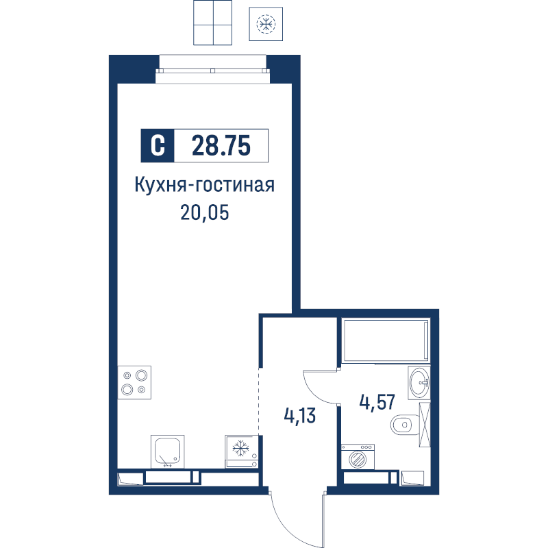 Квартира-студия, 28.75 м² в ЖК "Символист" - планировка, фото №1