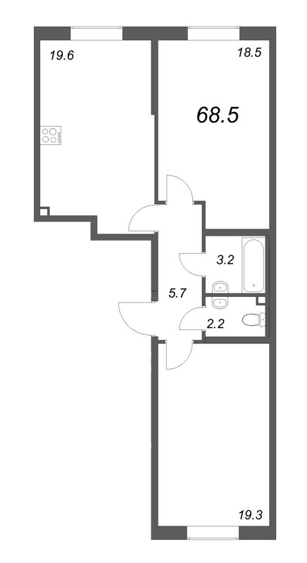 3-комнатная (Евро) квартира, 68.5 м² - планировка, фото №1