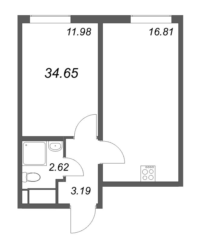 2-комнатная (Евро) квартира, 34.65 м² в ЖК "Морская миля" - планировка, фото №1