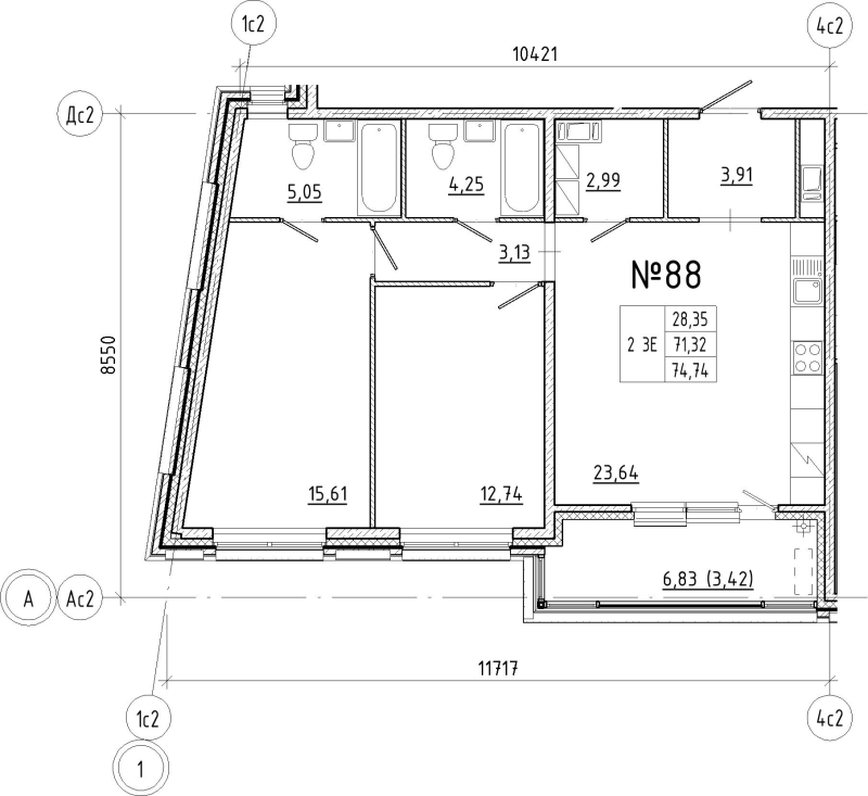 3-комнатная (Евро) квартира, 74.74 м² в ЖК "N8" - планировка, фото №1