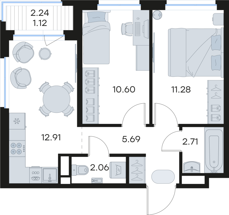 2-комнатная квартира, 46.37 м² в ЖК "Новоселье" - планировка, фото №1