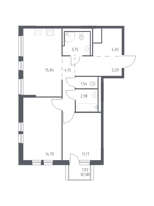 3-комнатная (Евро) квартира, 64.35 м² - планировка, фото №1