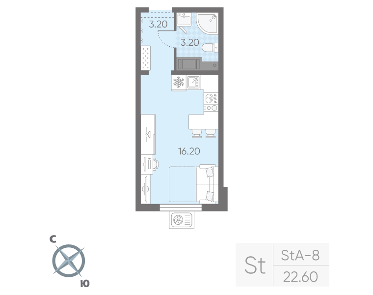 Квартира-студия, 22.6 м² в ЖК "Ручьи" - планировка, фото №1