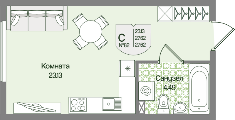 Квартира-студия, 27.62 м² в ЖК "Охтинские высоты" - планировка, фото №1