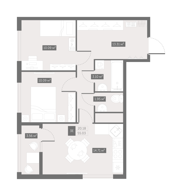 2-комнатная квартира, 55.03 м² - планировка, фото №1