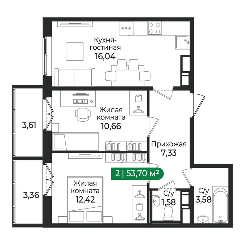 3-комнатная (Евро) квартира, 53.7 м² в ЖК "Сертолово Парк" - планировка, фото №1