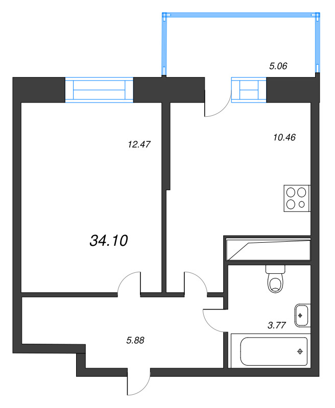 1-комнатная квартира, 34.1 м² в ЖК "Аквилон Stories" - планировка, фото №1