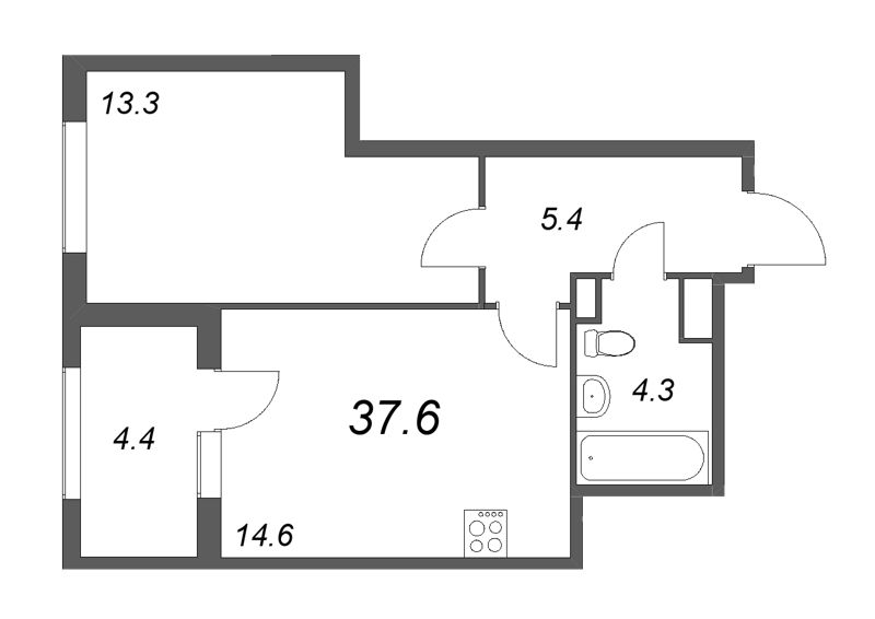 1-комнатная квартира, 37.6 м² - планировка, фото №1