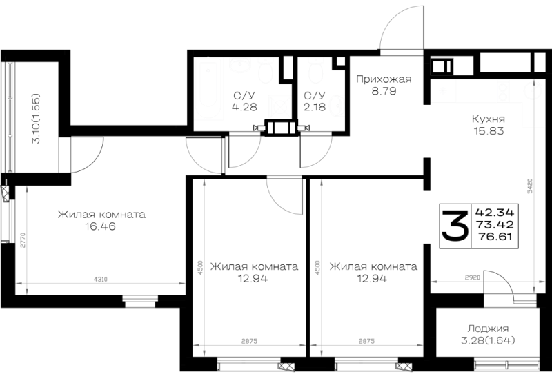 4-комнатная (Евро) квартира, 76.61 м² в ЖК "Борский" - планировка, фото №1