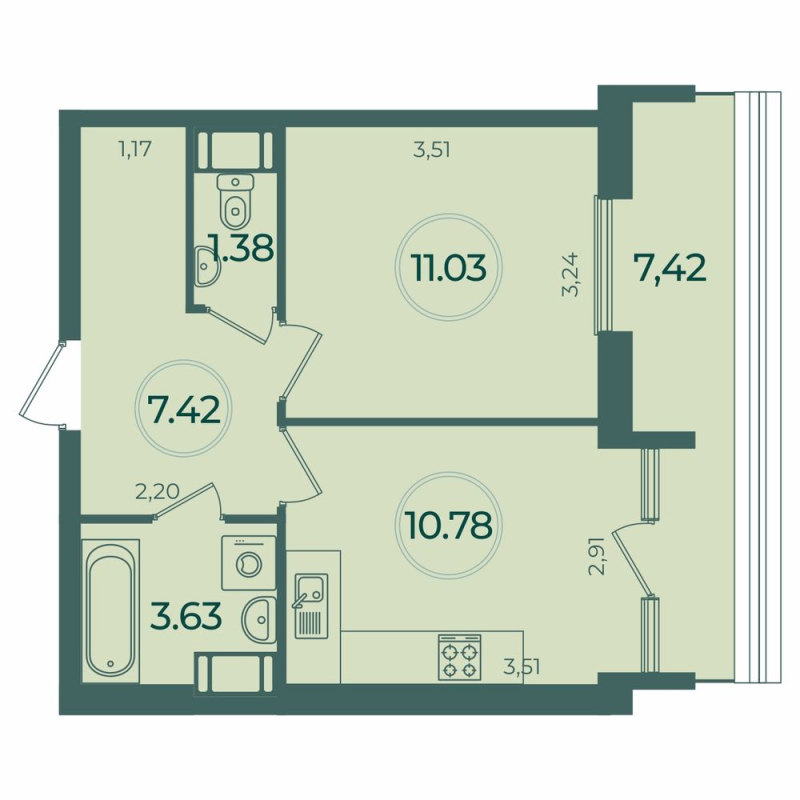 1-комнатная квартира, 36.47 м² в ЖК "Дуалист" - планировка, фото №1