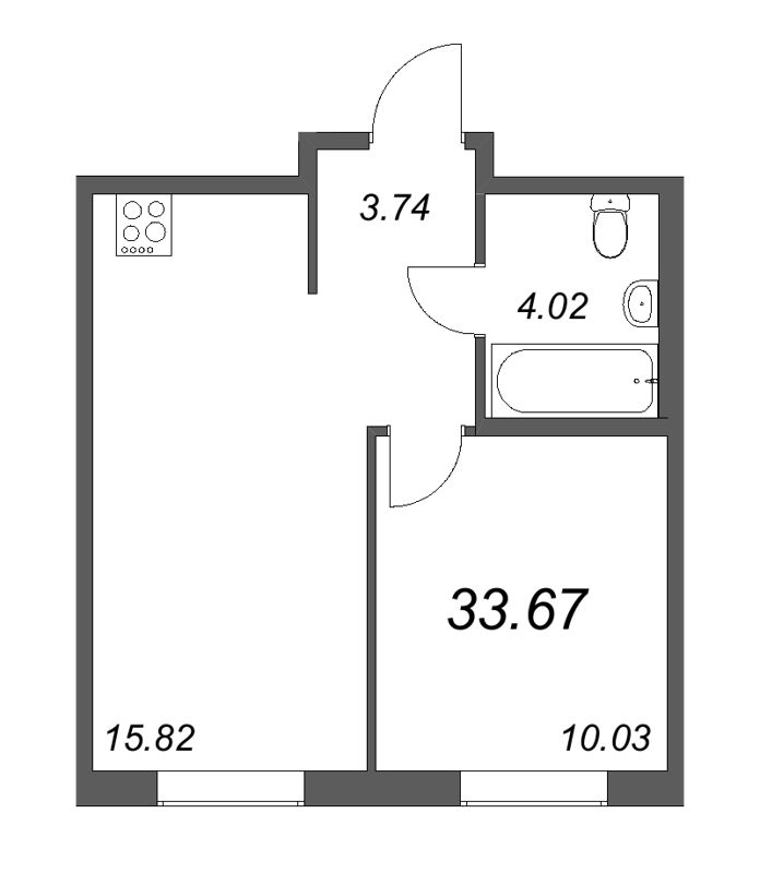 2-комнатная (Евро) квартира, 33.67 м² - планировка, фото №1