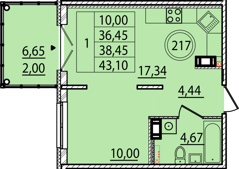 2-комнатная (Евро) квартира, 36.45 м² - планировка, фото №1