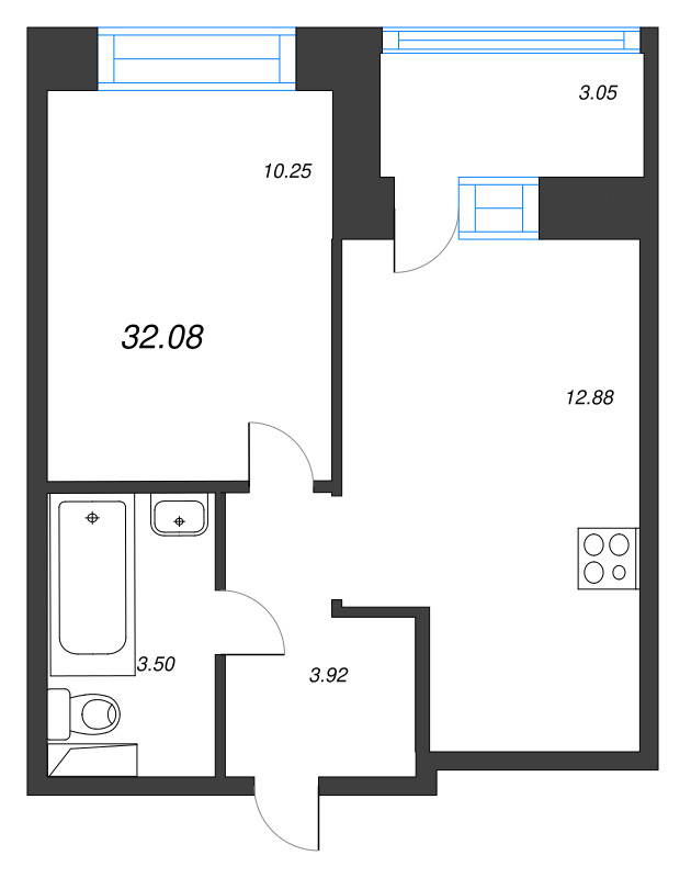 1-комнатная квартира, 32.08 м² в ЖК "Уютный" - планировка, фото №1