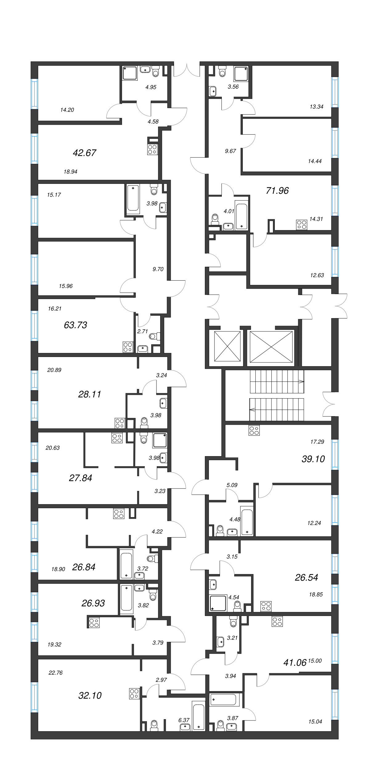 3-комнатная квартира, 71.96 м² - планировка этажа