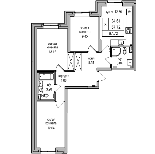 3-комнатная квартира, 68.6 м² в ЖК "Северная Долина" - планировка, фото №1