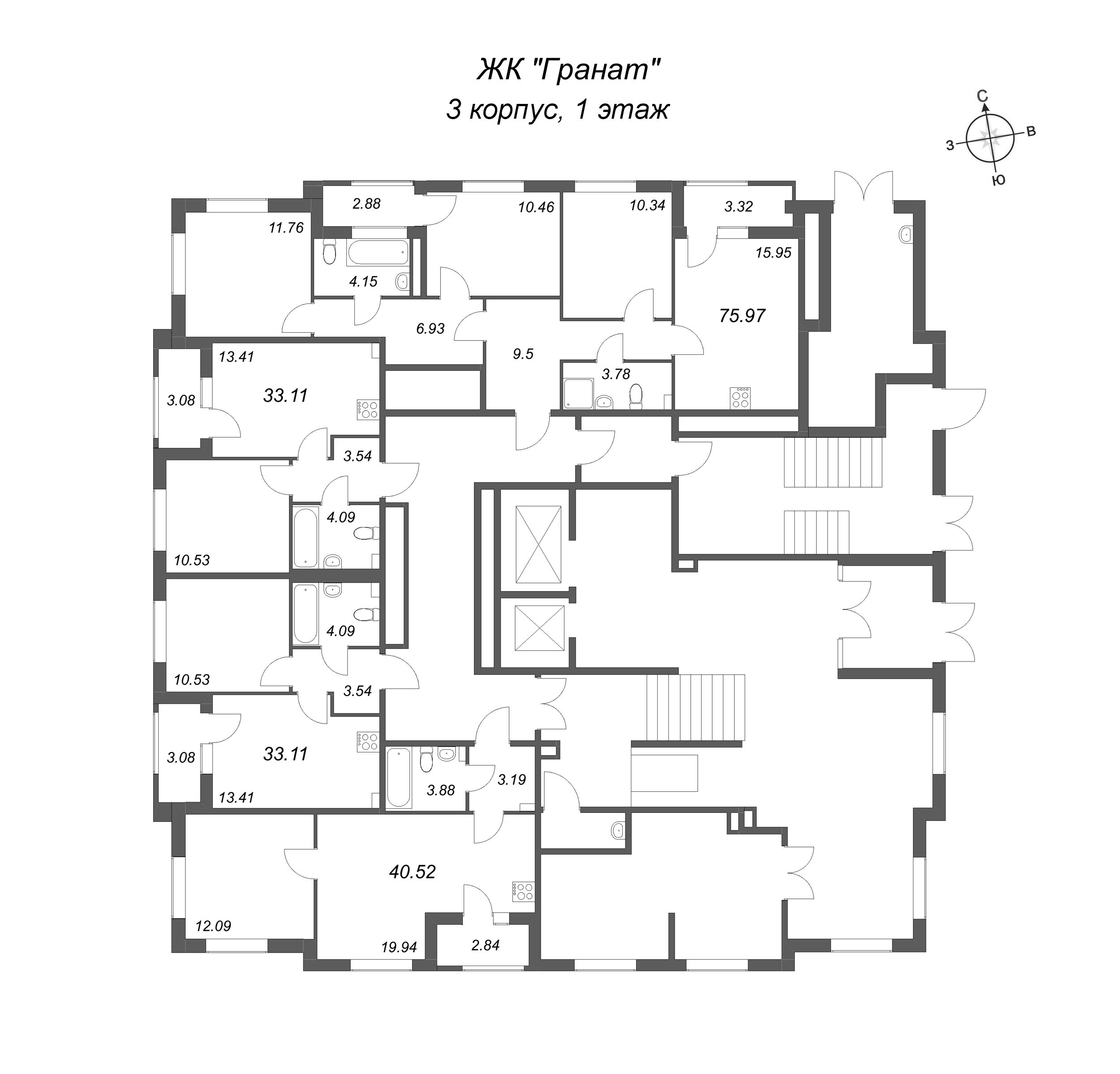 2-комнатная (Евро) квартира, 40.52 м² в ЖК "Гранат" - планировка этажа