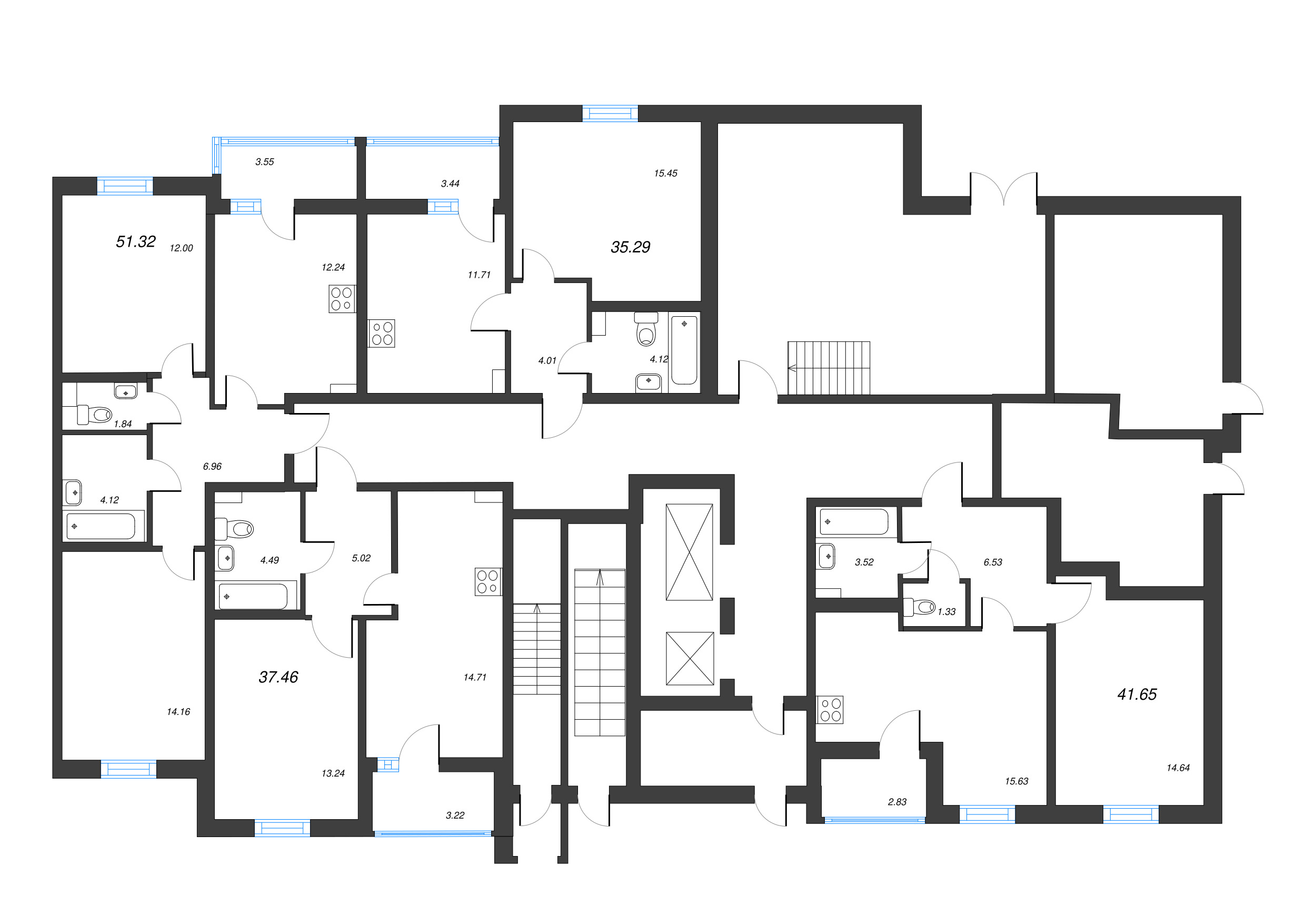 2-комнатная (Евро) квартира, 41.65 м² - планировка этажа