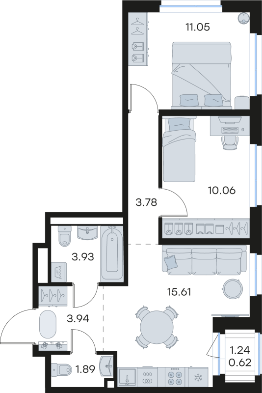 3-комнатная (Евро) квартира, 50.88 м² в ЖК "GloraX Новоселье" - планировка, фото №1