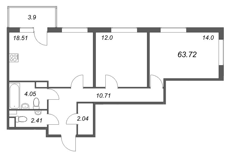 3-комнатная (Евро) квартира, 63.72 м² в ЖК "Любоград" - планировка, фото №1