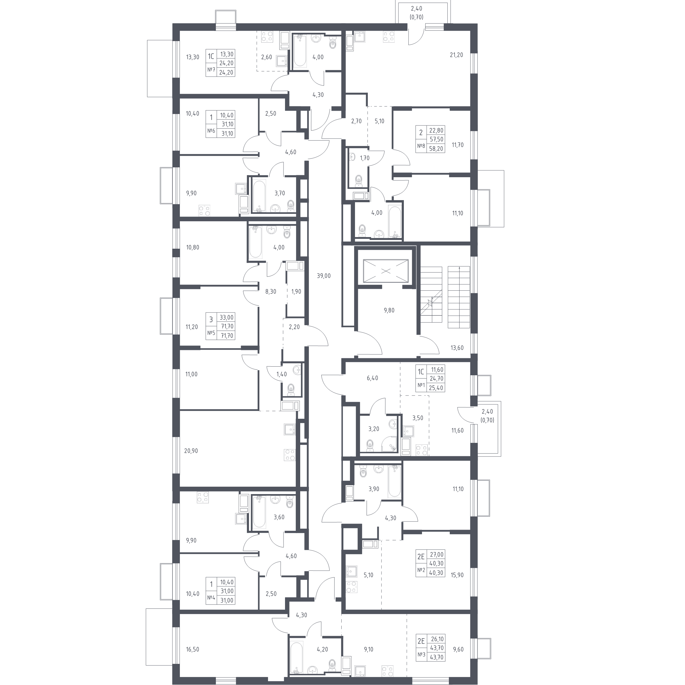4-комнатная (Евро) квартира, 70.8 м² в ЖК "Курортный Квартал" - планировка этажа