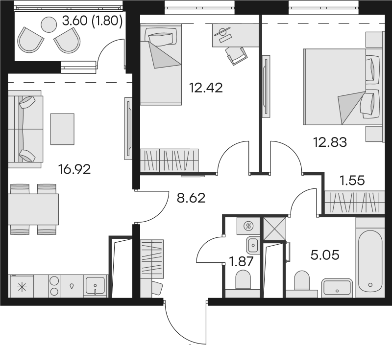 2-комнатная квартира, 61.06 м² - планировка, фото №1