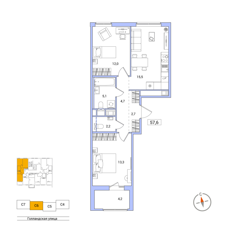 3-комнатная (Евро) квартира, 57.6 м² - планировка, фото №1