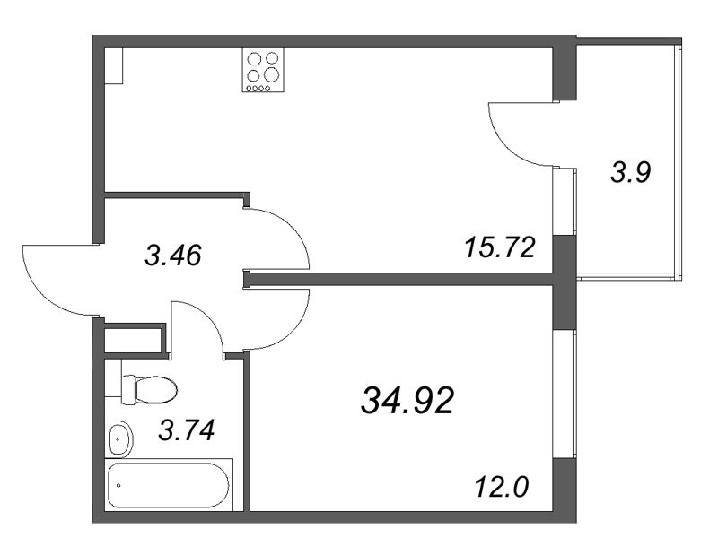 2-комнатная (Евро) квартира, 34.92 м² в ЖК "Любоград" - планировка, фото №1