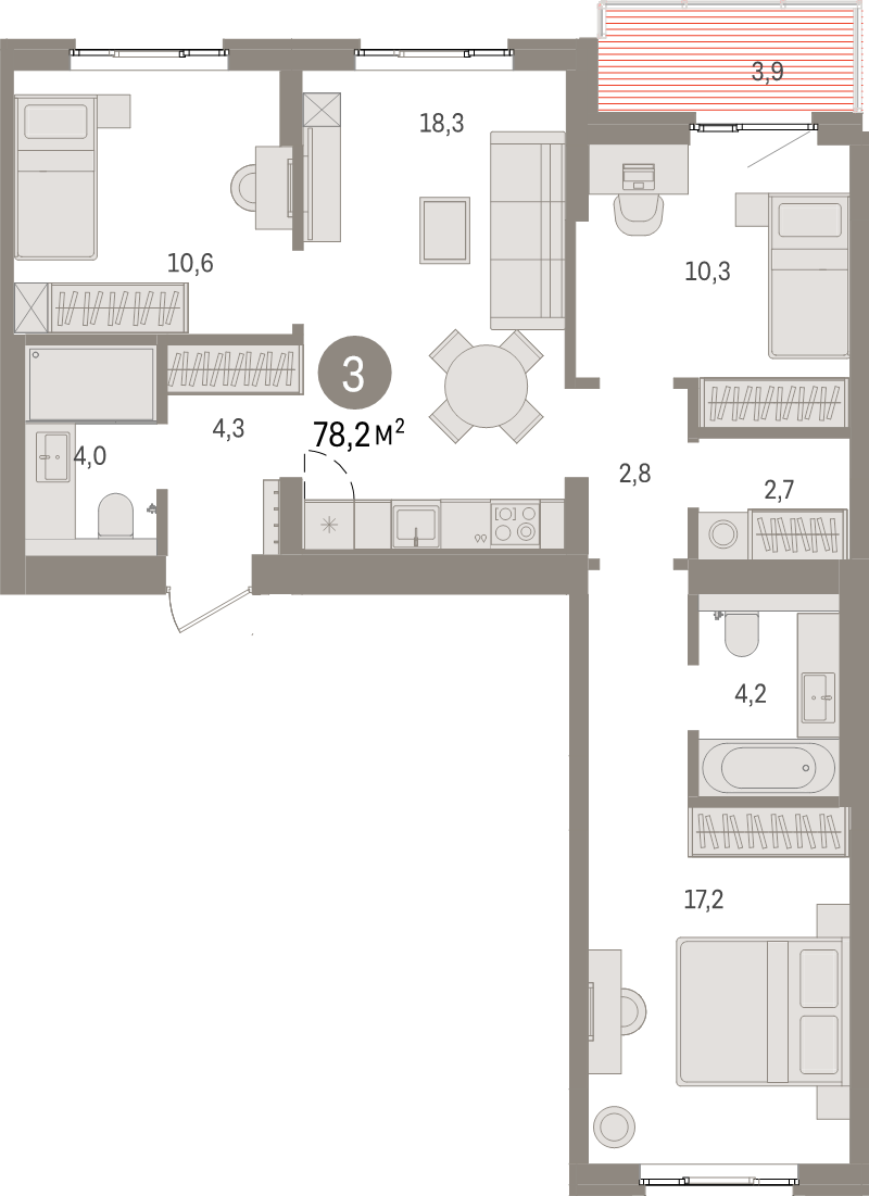 4-комнатная (Евро) квартира, 78.2 м² в ЖК "Брусника в Новоселье" - планировка, фото №1