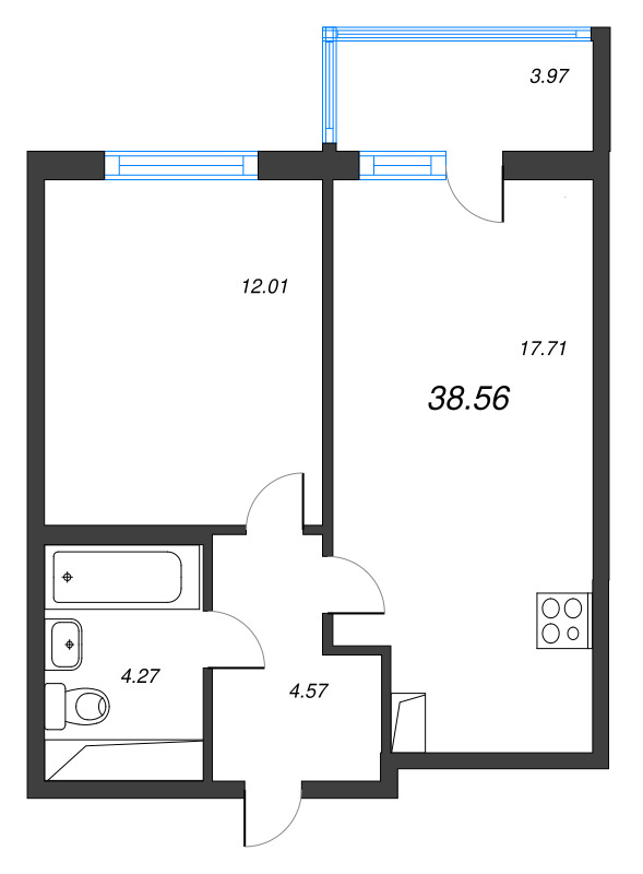 2-комнатная (Евро) квартира, 38.56 м² в ЖК "Ясно.Янино" - планировка, фото №1