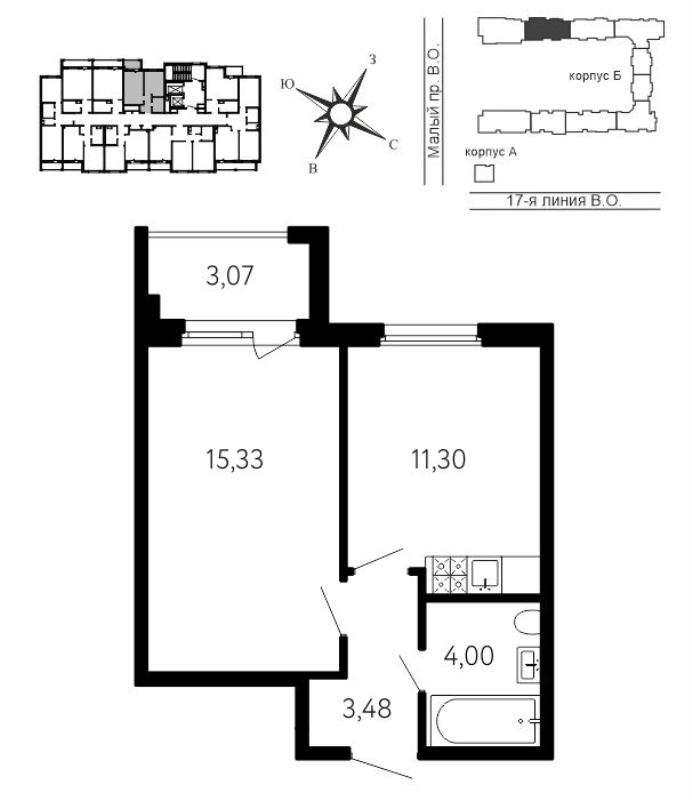 1-комнатная квартира, 35.03 м² в ЖК "17-я линия" - планировка, фото №1