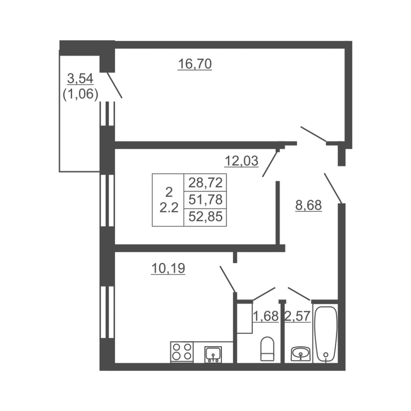 2-комнатная квартира, 52.85 м² в ЖК "Тандем" - планировка, фото №1